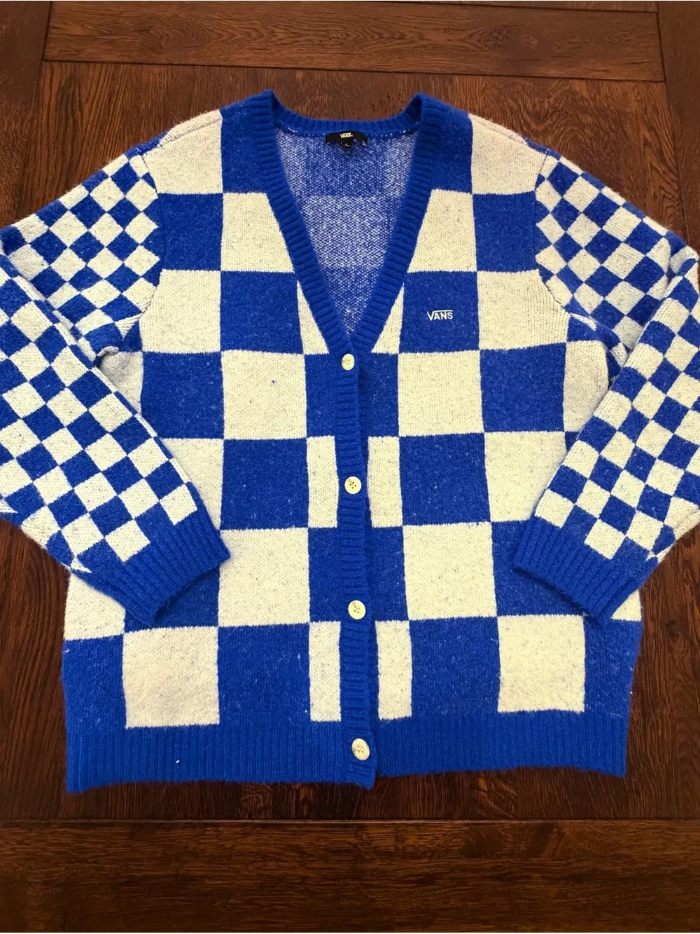 Vans Blue and White Checkerboard Cardigan Sweater with pockets size Large